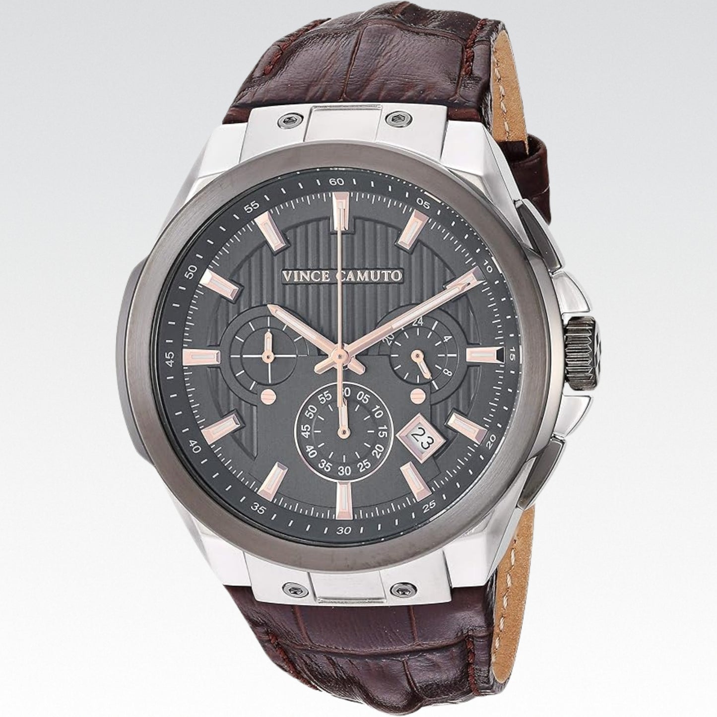 Vince Camuto Reloj multifunción con correa de cuero de cocodrilo marrón y plateado para hombre, Marrón/Platado - Nuevo