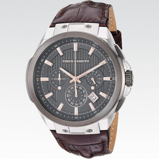 Vince Camuto Reloj multifunción con correa de cuero de cocodrilo marrón y plateado para hombre, Marrón/Platado - Nuevo