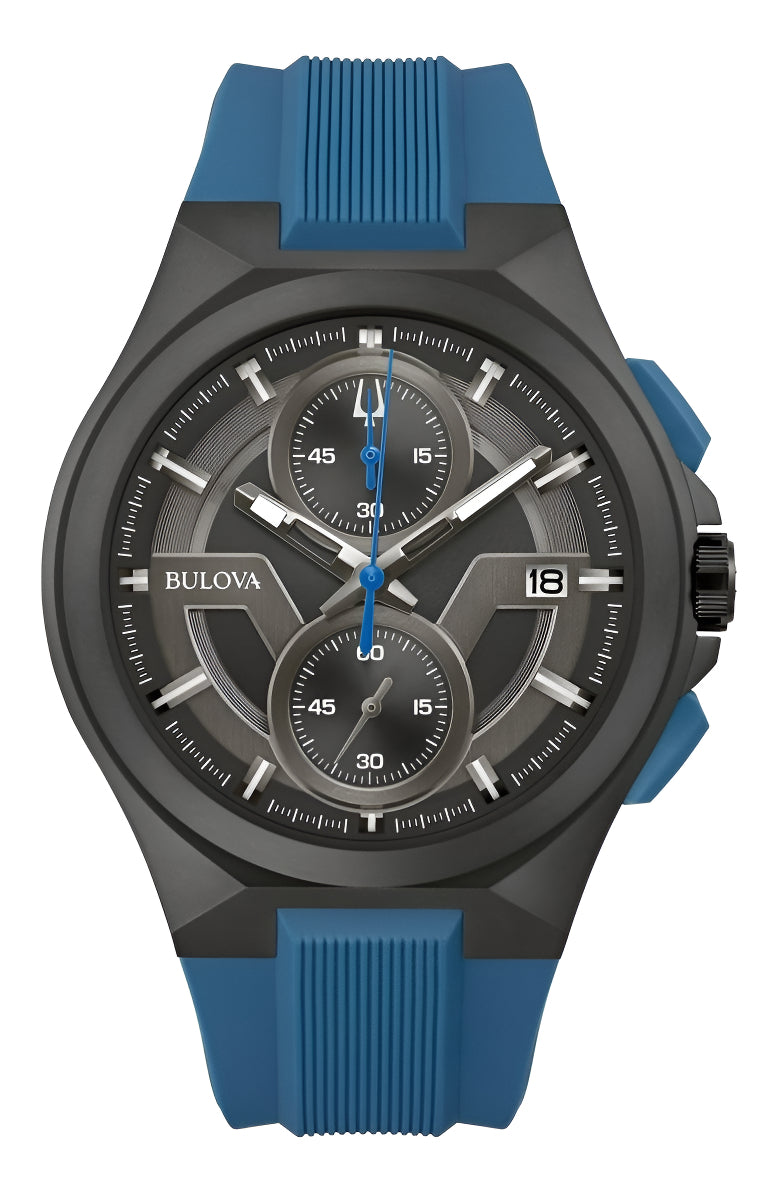 Reloj Bulova Black Dial Silicone Strap Maquina 98b380 Color de la correa Azul