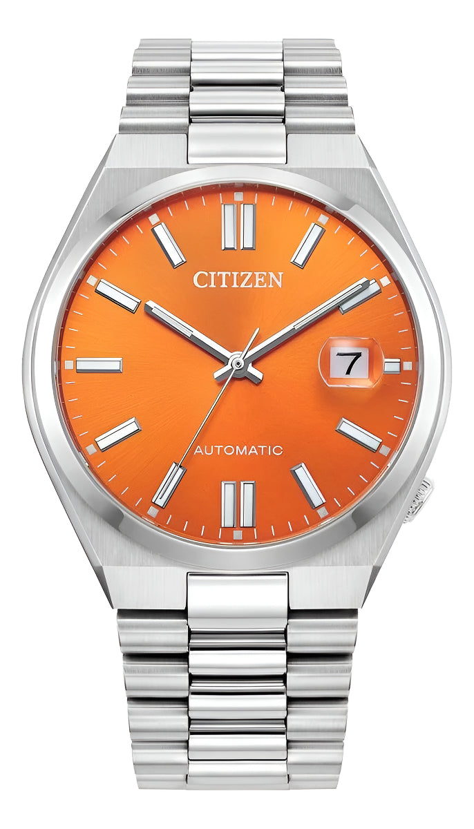Citizen Tsuyosa Automático Orange Dial Nj0151-53z Correa Plata Bisel Plata Fondo Naranja