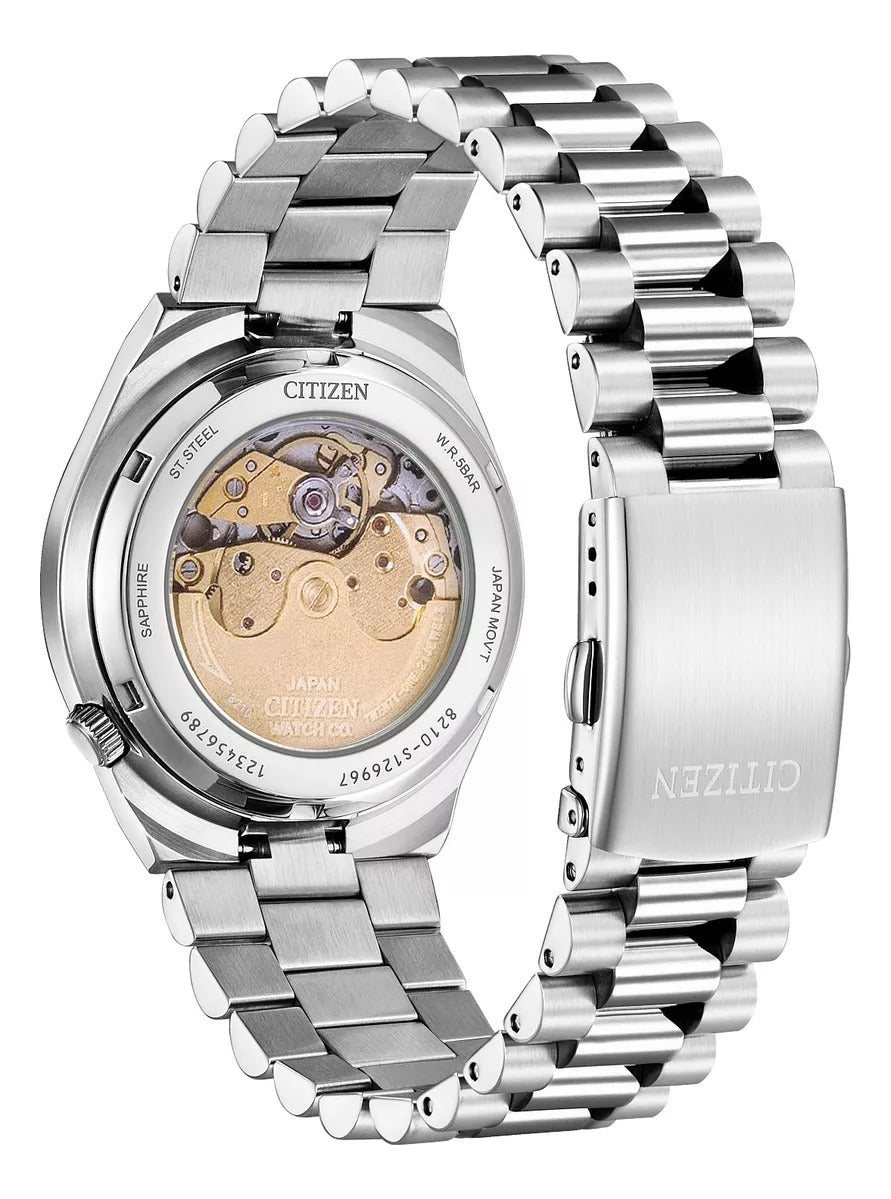 Citizen Tsuyosa Automático Orange Dial Nj0151-53z Correa Plata Bisel Plata Fondo Naranja