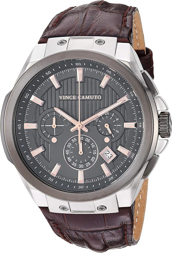 Vince Camuto Reloj multifunción con correa de cuero de cocodrilo marrón y plateado para hombre, Marrón/Platado - Nuevo