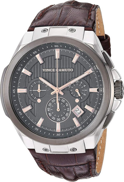 Vince Camuto Reloj multifunción con correa de cuero de cocodrilo marrón y plateado para hombre, Marrón/Platado - Nuevo