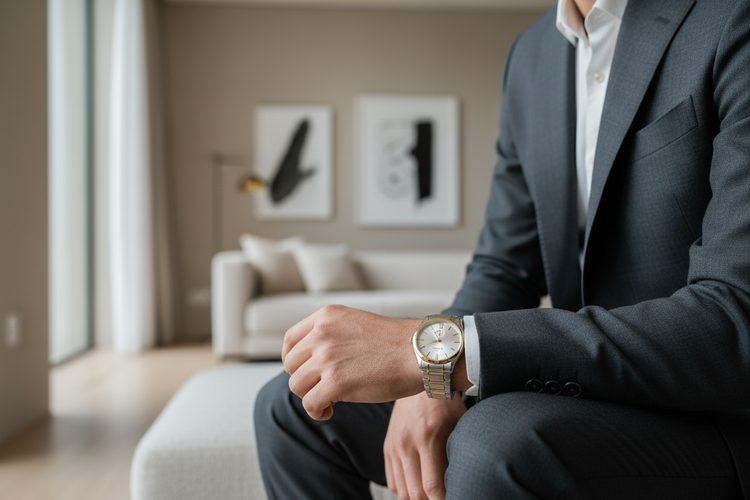 elegant man wearing Bulova silver and gold wristwatch, sitting in a modern interior, soft side lighting, neutral background, focus on the watch and wrist, fashion editorial photography, minimal luxury aesthetic, masculine elegance --ar 4:5 --v 6 --style 4c --q 2 --uplight