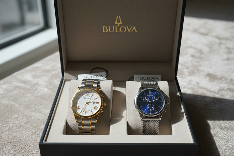 open Bulova watch box with gold and silver watches inside, soft beige velvet surface, daylight reflections, premium jewelry packaging aesthetic, minimalist composition, visible Bulova logo, elegant and luxurious atmosphere --ar 4:5 --v 6 --style 4c --q 2 --uplight